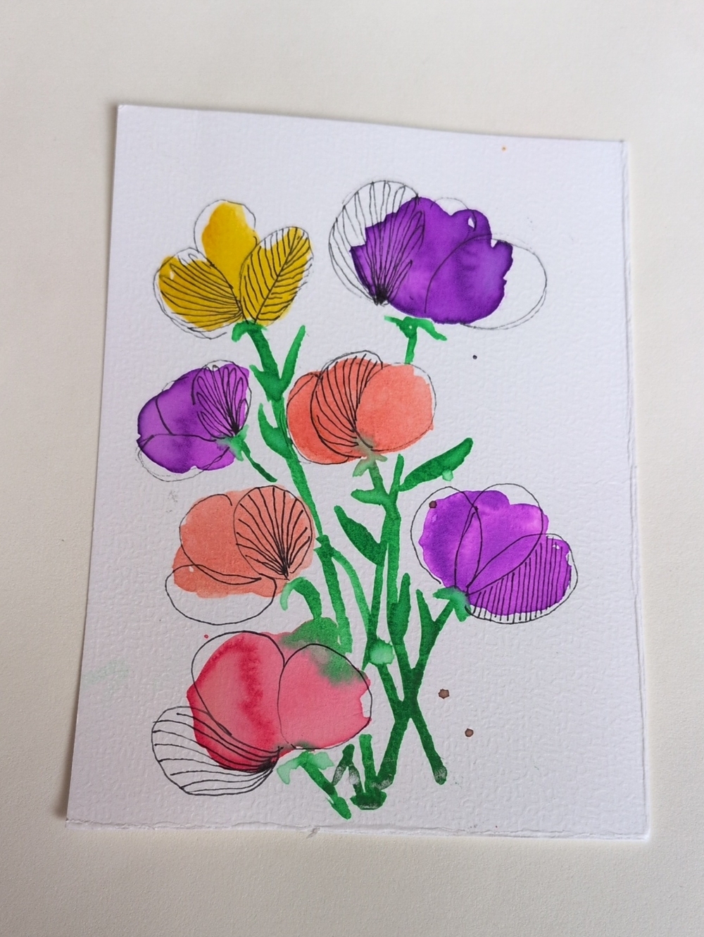 Watercolor Floral Art Painting - Pink, Purple, Coral & Yellow Blooms